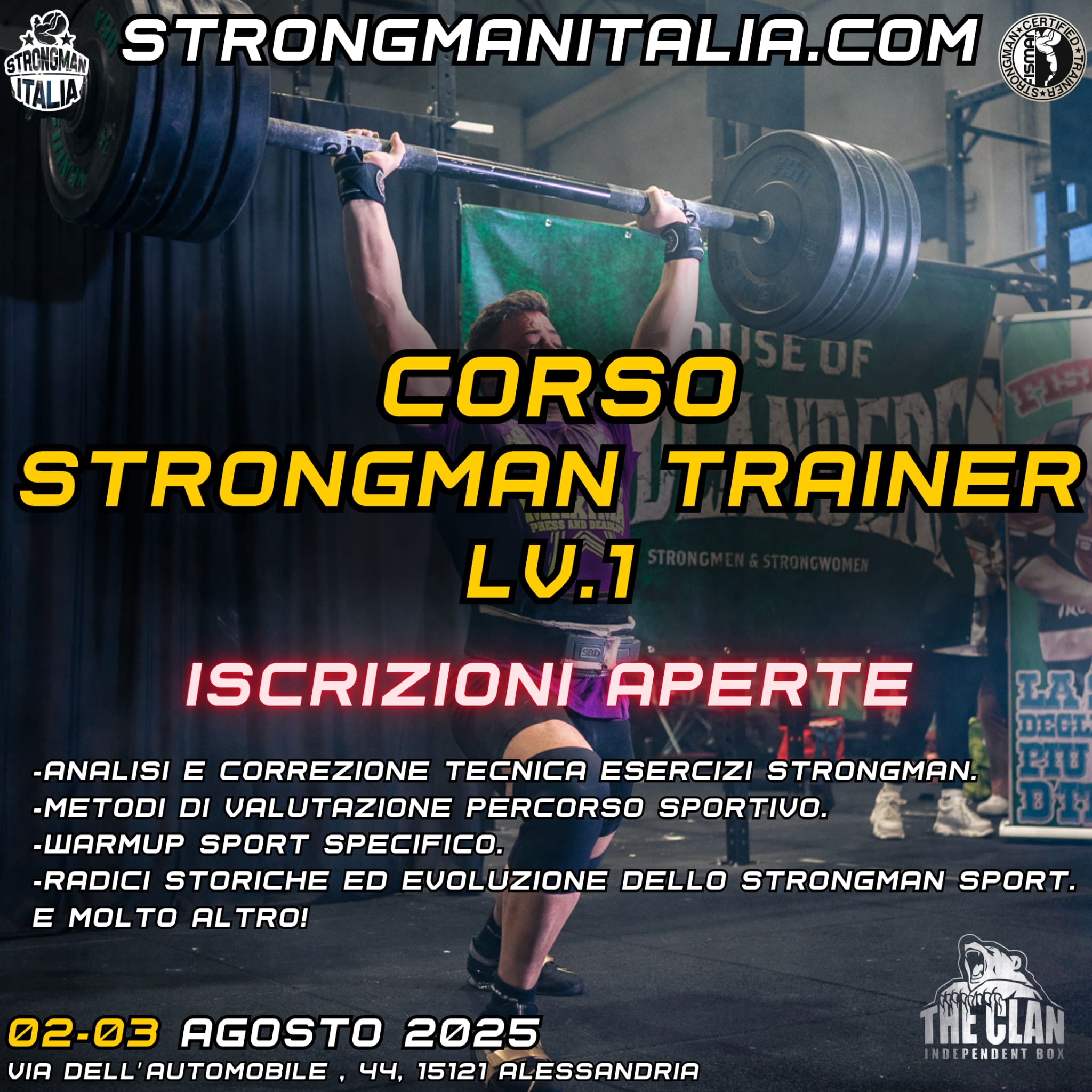 CORSO STRONGMAN TRAINER, AD ALESSANDRIA IL 2 E 3 AGOSTO LE NUOVE DATE